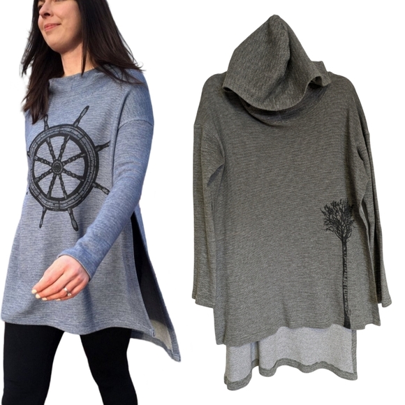 Pina Tops - Hooded Artisan Tunic by Pina (Small Shop Designer) with Tree Design Size XS/S